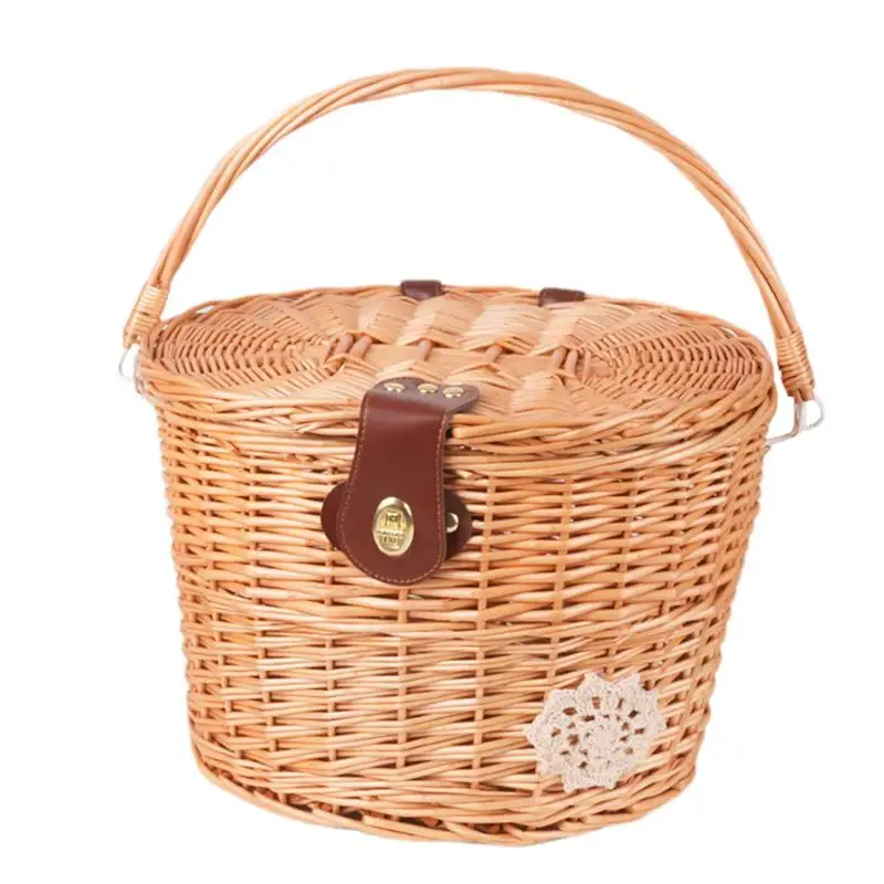 Bikes Basket Front Natural Bicycle Woven Baskets Front Basket With Liner Beach Cruiser Basket With Cover And Leather Straps For