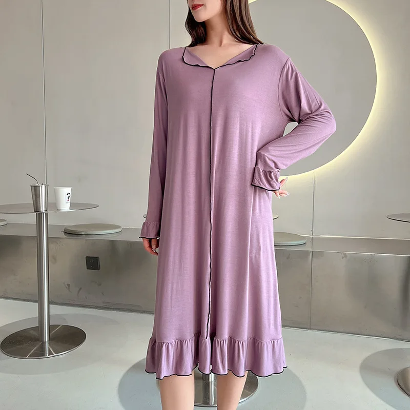 Fdfklak Modal Night Dress Women Lingerie Sexy Sleepwear Spring Summer Long Sleeve Nightgown V-Neck Leisure Girls Nightdress