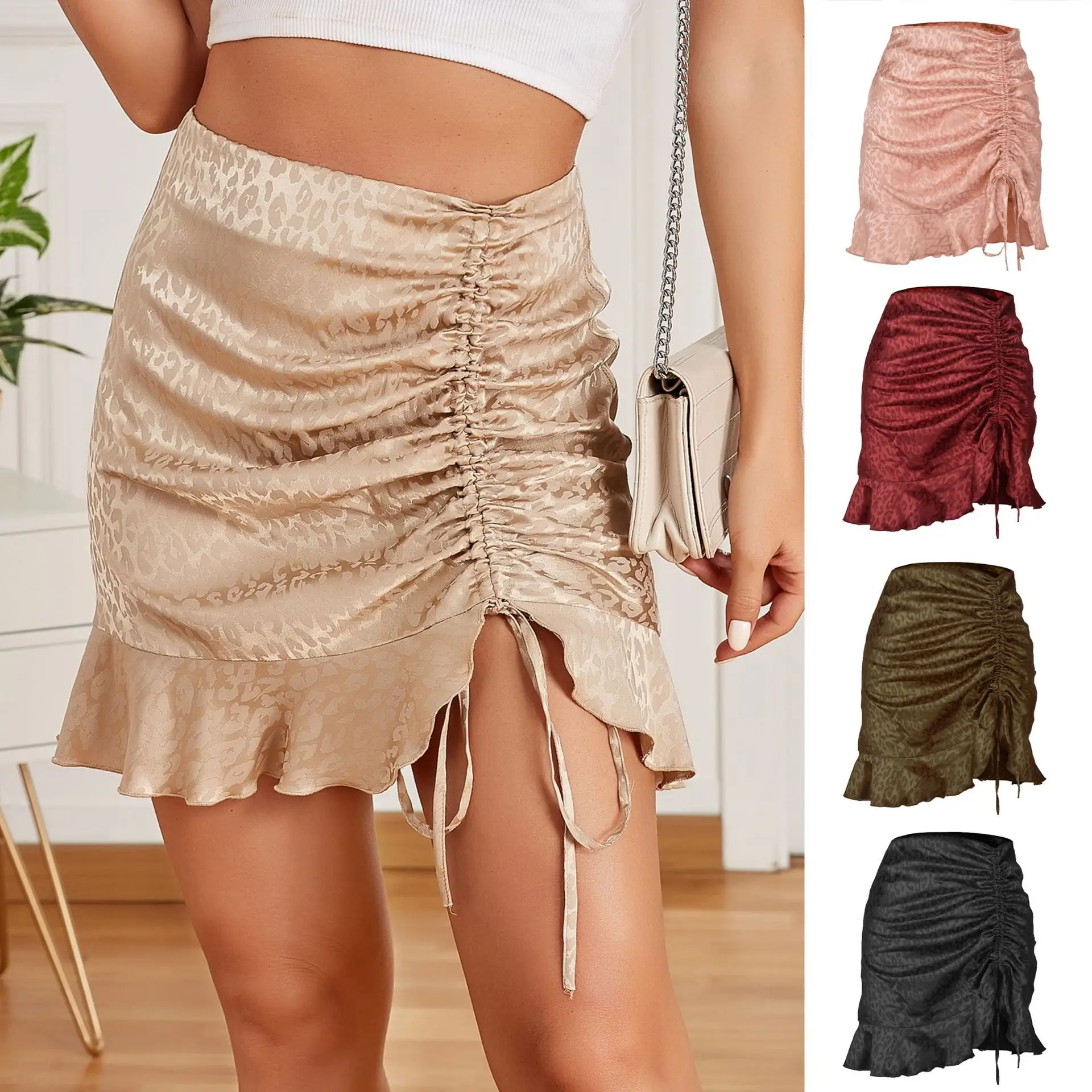Skirts women 2025 casual jacquard sexy leopard print high-waisted zipper drawstring hip-hugging mini skirts women's clothing