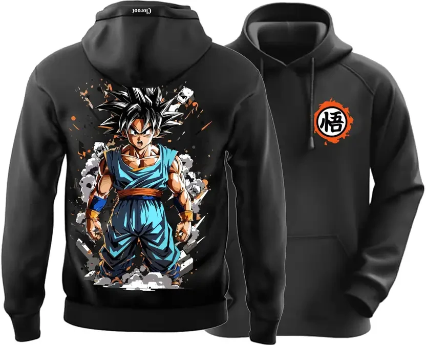 بلوفر بغطاء للرأس من Dragon Ball Goku مصنوع من القطن الأسود بطباعة شخصيات الرسوم المتحركة مع تصميم تأثير الدخان وشعار صدر دائري برتقالي كاجوال