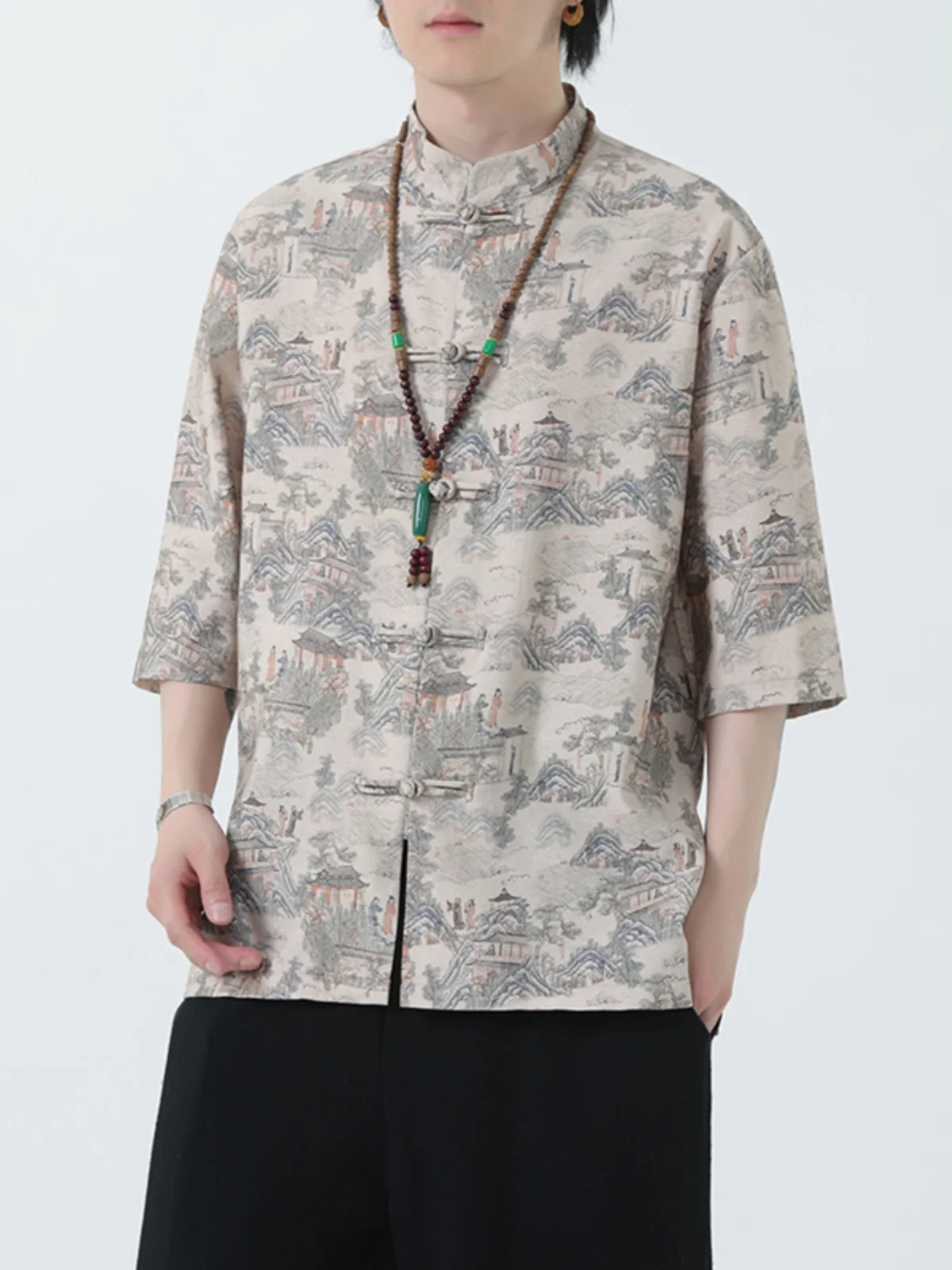 

Summer Thin Short Sleeve Men's Shirt New Chinese Style Retro Button Tang Suit Five Sleeve Top Youth Fashion Printed Loose Fit