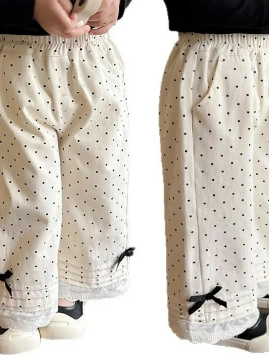 여아용 물방울무늬 러플 와이드 레그 팬츠 2025년 여름 신상 한국 스타일 패셔너블 베이비 캐주얼 다용도 롱 팬츠