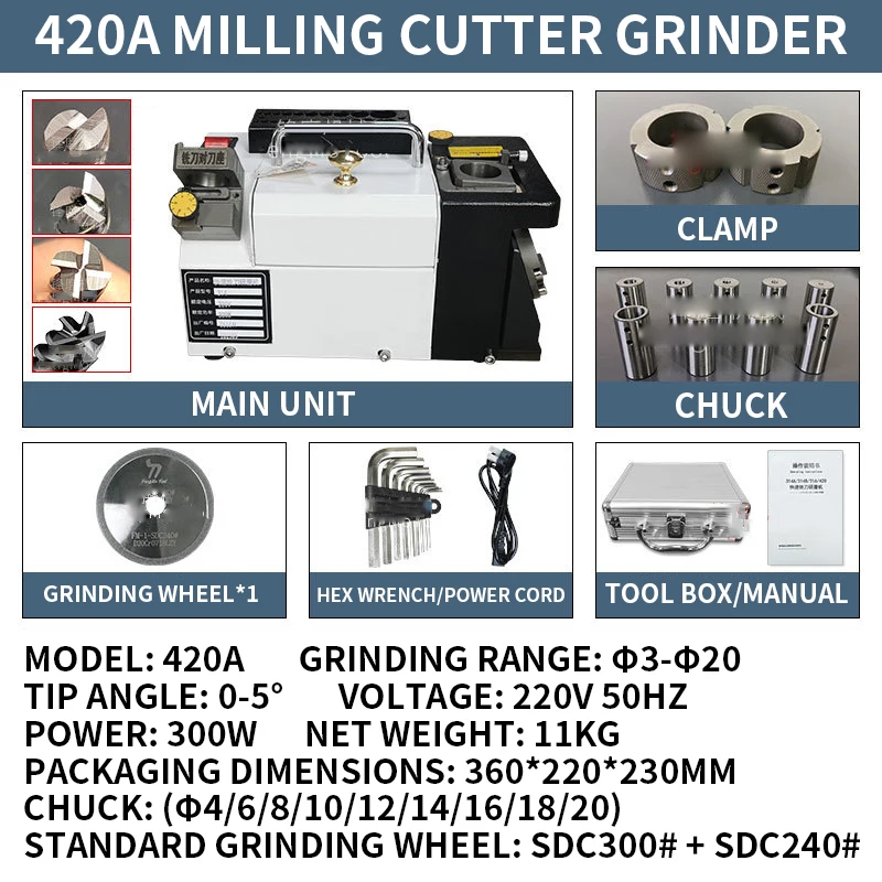 Fast Precision Milling Cutter Grinder Universal Alloy Tungsten Steel End Mill Sharpener Φ3-Φ20 Multi Flute Resharpening