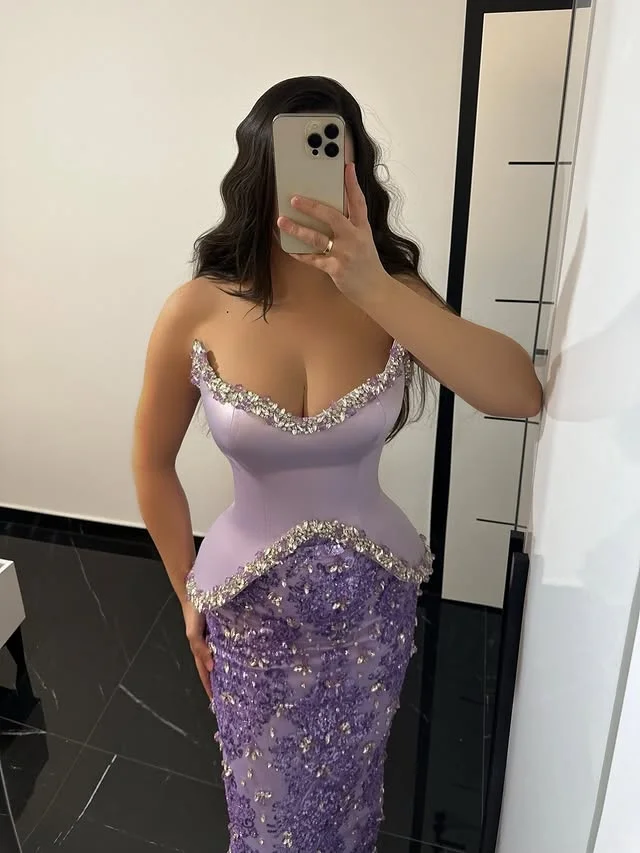 Lawendowe satynowe suknie wieczorowe z koronką, seksowne bez ramiączek, błyszczące cekiny, zdobione koralikami, dopasowane sukienki na studniówkę, długie do podłogi, formalne sukienki na przyjęcie.