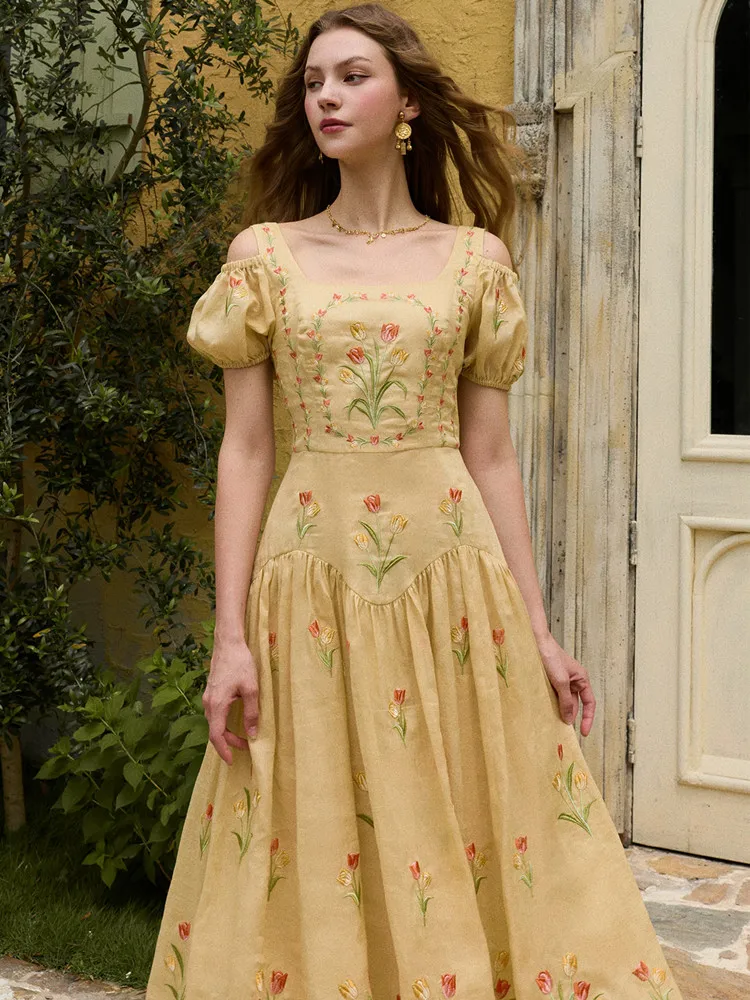 84-96cm Bust Summer Dresses Women Vintage Elegant Dress with All-Over Heavy Embroidery Original High-Count Ramie Long Dresses