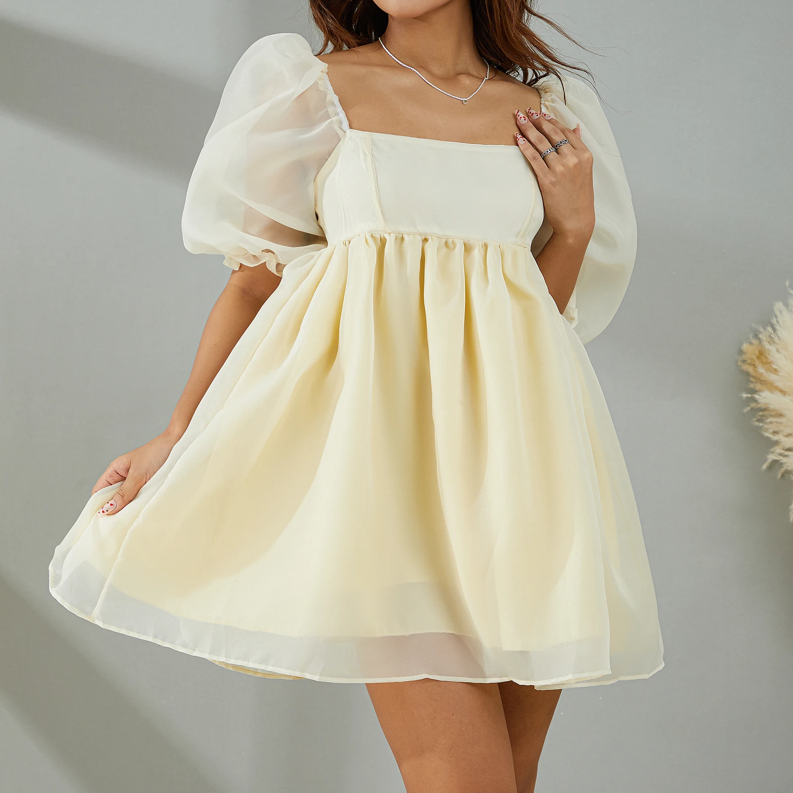 Off Shoulder Women's Elegant Puff Sleeve Tulle Princess Dress Mesh Ruffle Mini Short Dresses for Wedding Cocktail Party Prom