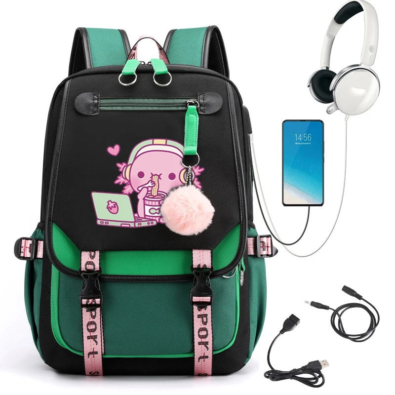 Backpack School Bag Girl Back Pack Children Teenager Female Schoolbag Cute Axolotl Loves Instant Noodles Anime Primary Bagpacks