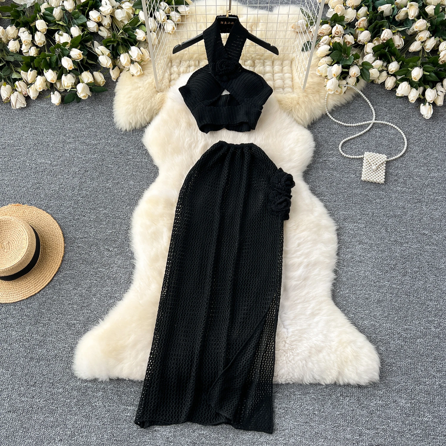 Vrouwelijke Zomer Halter Tropische Outfit Gebreide Holle 3D Bloem Sets Vrouwen Split Strand Vakantie Feestkostuums Dame Elegante 2 stuks Set