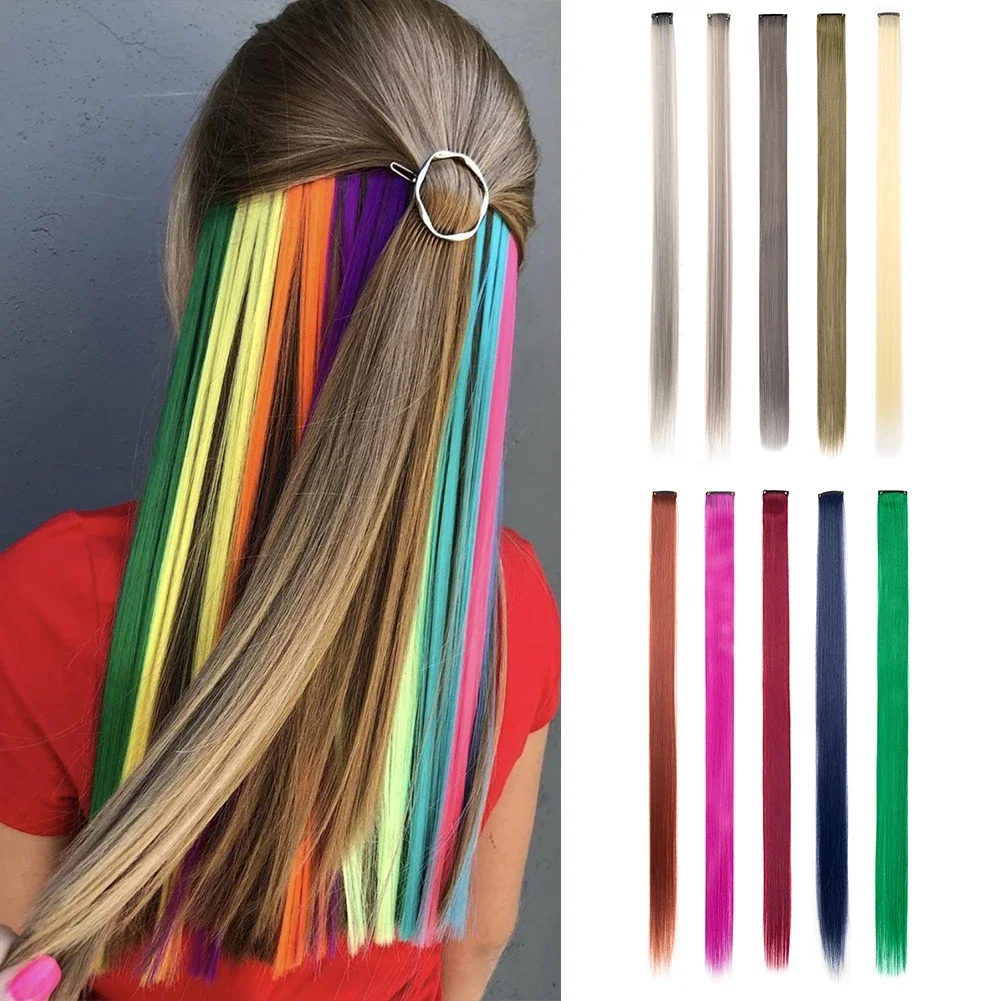 

10 PCS Colored Clip in Hair Extensions 22 Inch Rainbow Straight Synthetic Hairpieces For women Cosplay Party Christmas New Year