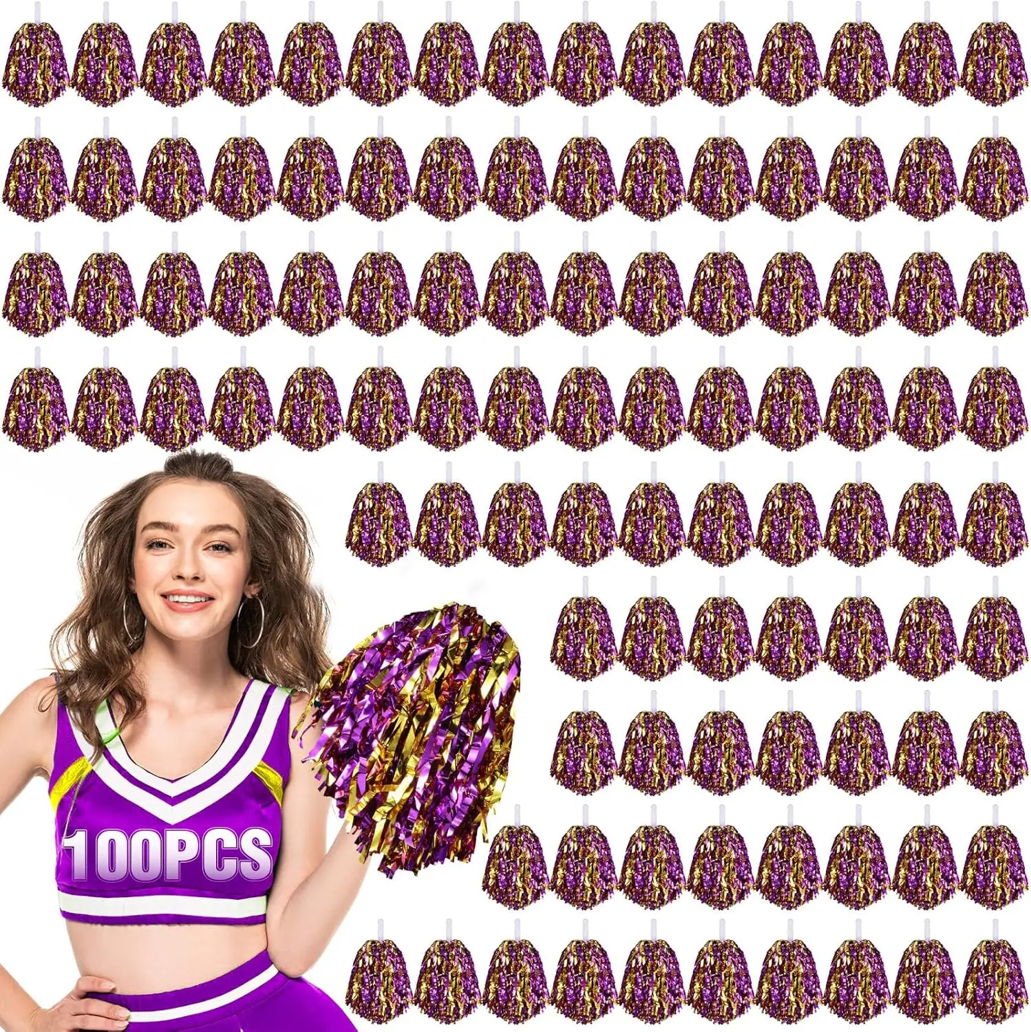 

100Pcs Metallic Cheerleading Pom Poms Cheering Squad Hand Flowers for Adults Team Spirit Sports Party