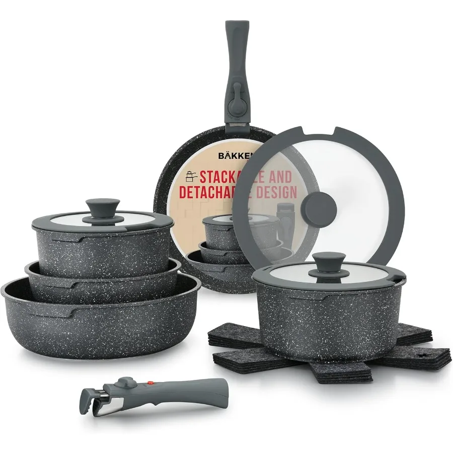 

15Piece NonStick CeramicGranite Cookware Set with Detachable Handles for SpaceSaving Storage Dishwasher Safe Oven and AllStove