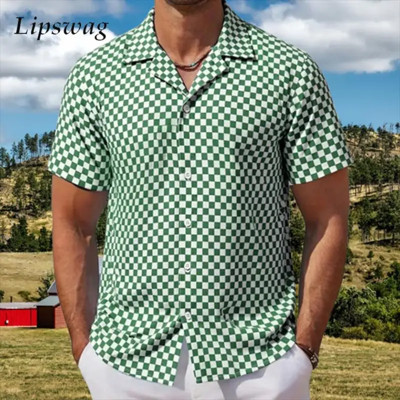 

Vintage Button-up Turn-down Collar Mens Shirts Short Sleeve Plaid Jacquard Casual Shirt Spring Summer Men Stylish Cardigan Tops