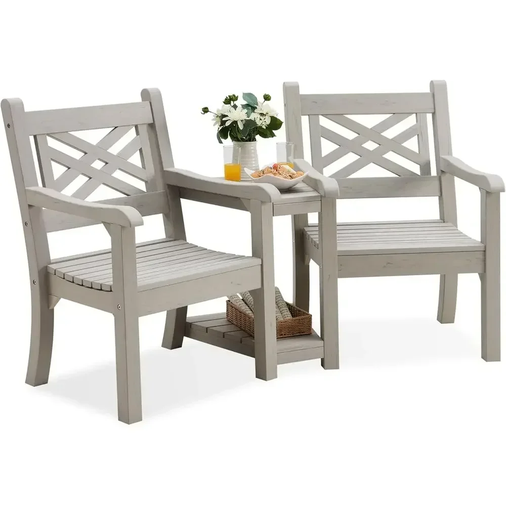 Weather-Resistant Poly Lumber 2-Seater Loveseat with Center Table and Umbrella Hole, Ideal for Outdoor Spaces in Grey