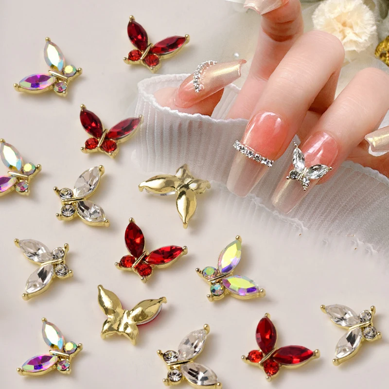 100pcs/Bag Japanese Mini Alloy Small Butterfly Nail Accessories Sparkly Rhinestone Crystal simple girl nail craft decoration