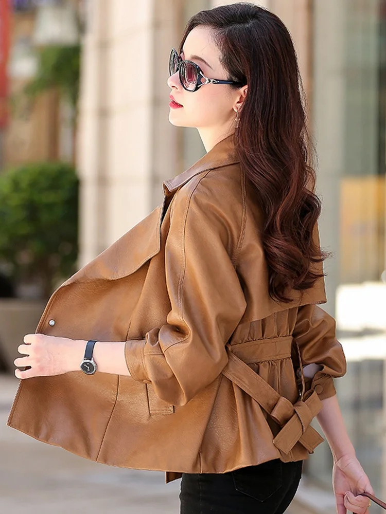 2025年春秋 レディース オーバーフィット レザー ジャケット 本革シープスキン おしゃれ 韓国風 コート 通勤 防風