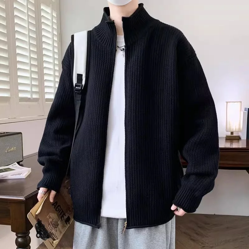 

Мужской вязаный открытый кардиган Jaet, тяжелый свитер с воротником-стойкой на молнии, мягкий повседневный свободный крой, длинная термоодежда све