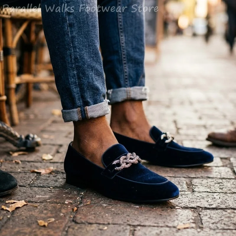 Sartorial Men Loafers Navy Blue Velvet Rhinestone Metal Buckle Slip On Formal Prom Dress Slippers Evening Wedding Shoes Loafers