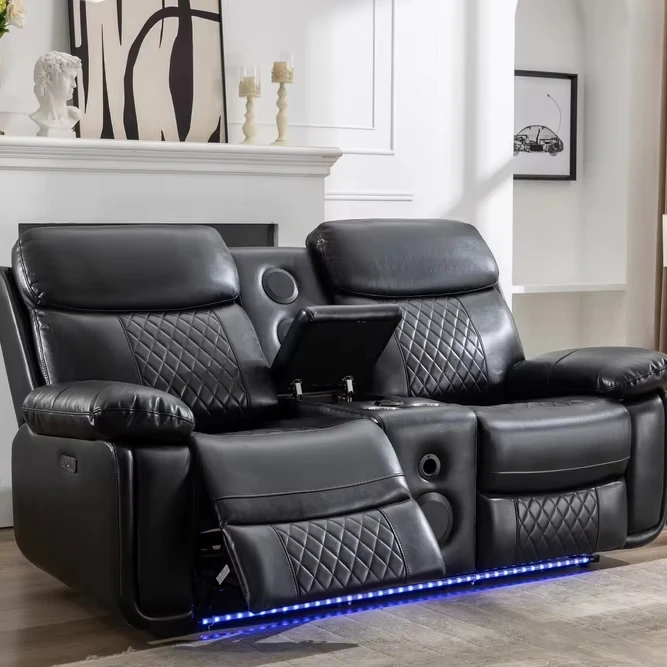 Love Seat 2 Seat Technical Leather Power Reclining Chair Smart Electrical Recliner Sofa Couch with Cup Table LED Strip Speaker