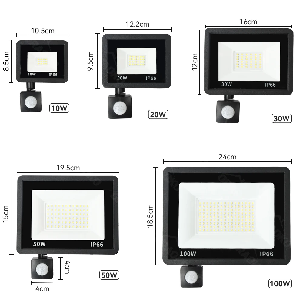 PIR LED-Flutlicht mit Bewegungssensor, 4 Stück, 20 W, 50 W, 100 W, kaltweiß/warmes Licht, LED-Außenstrahler, wasserdichter Außenprojektor für Garten, Garage – Detail 1