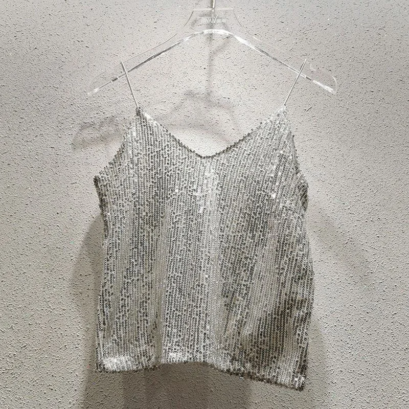 Y2K Halter Tank Top Summer Aesthetic Clothes For Women Solid Vintage Crop Tops Tees Evening Glitter Shiny Sequins Loose Vest