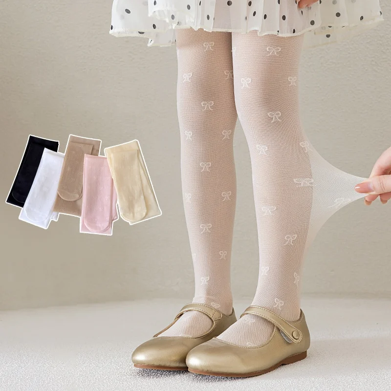Summer Thin Kids Tights Fashion Mesh Bow Princess Stockings Solid Color Series Ballet Pantyhose For Girl Children Dance Leggings