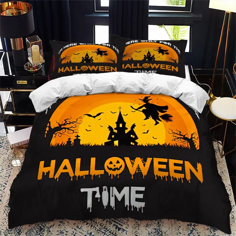 Halloween Duvet Cover King Microfiber Medieval Haunted Castle With Garden Pumpkins Dark Clouds Scary Nights Print Bedding Set