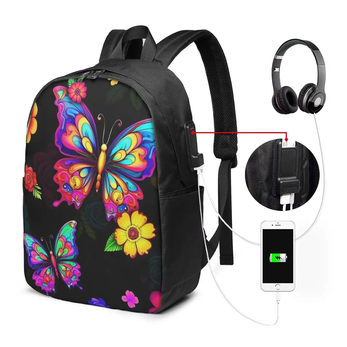 Vibrant Butterfly And Flower Pattern Backpack Travel Notebook Bag Computer College Student School Bag Laptop Shoulder Bags