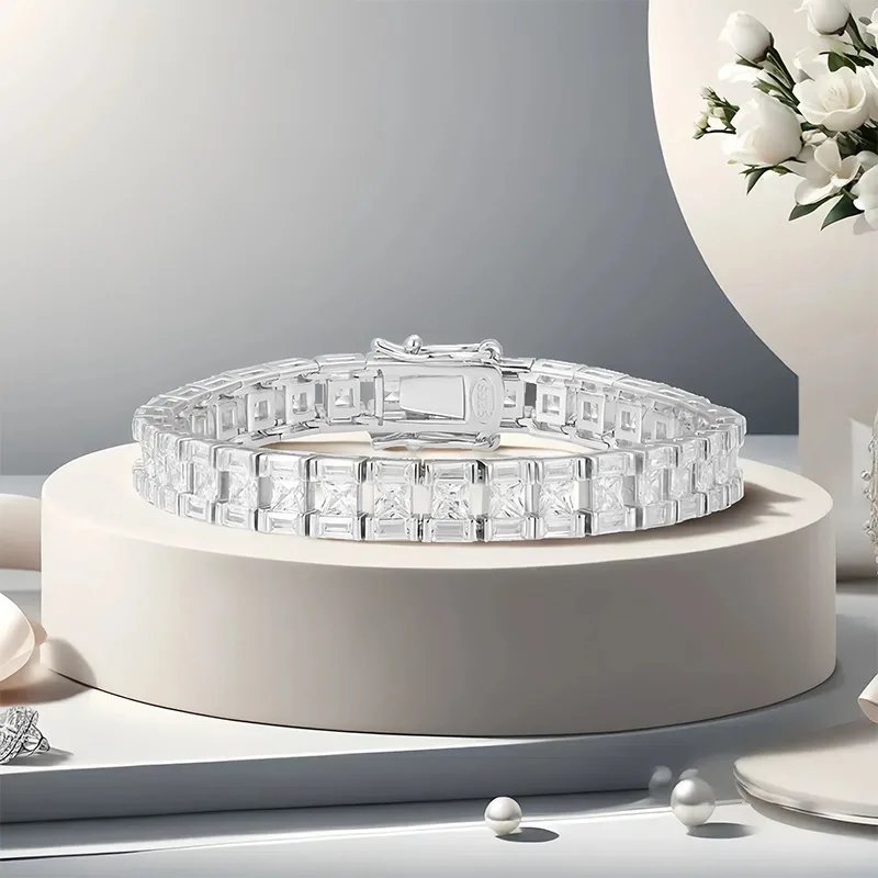 

I-shaped Hollow Ladder Square Bracelet Wide Version Ins High-end Feeling Light Luxury S925 Pure Silver Full Diamond Jewelry