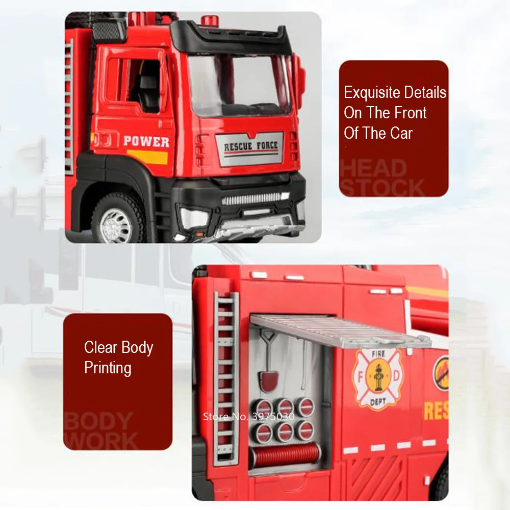 1/32 Spray Fire Engineering Truck Car Toy Model Alloy Diecast Doors Opened Sound Light Rubber Tires Vehicle Collection Kid Gift