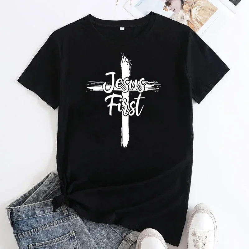 

Faith Based Shirt Prayer Bible Verse Jesus First Tshirt Catholic Women Christian Streetwear Summer Top Tee﻿s Short Sleeve