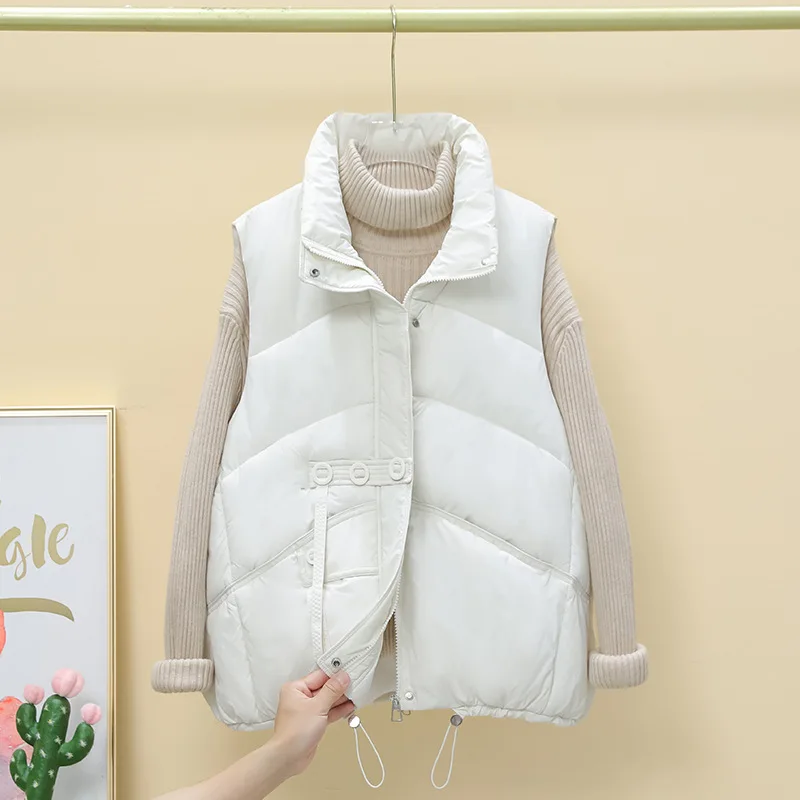 Autumn Winter Women Standing Collar Light weight Sleeveless Cotton Coat Vest Women Pocket Decoration Tank Top Overcoat