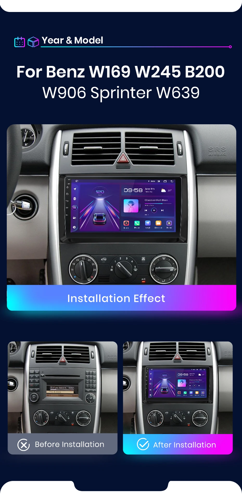 Junsun AI Wireless CarPlay für Apple Android14 Auto Autoradio für Mercedes Benz W169 W245 B200 Sprinter W906 Multimedia Stereo – Detail 3