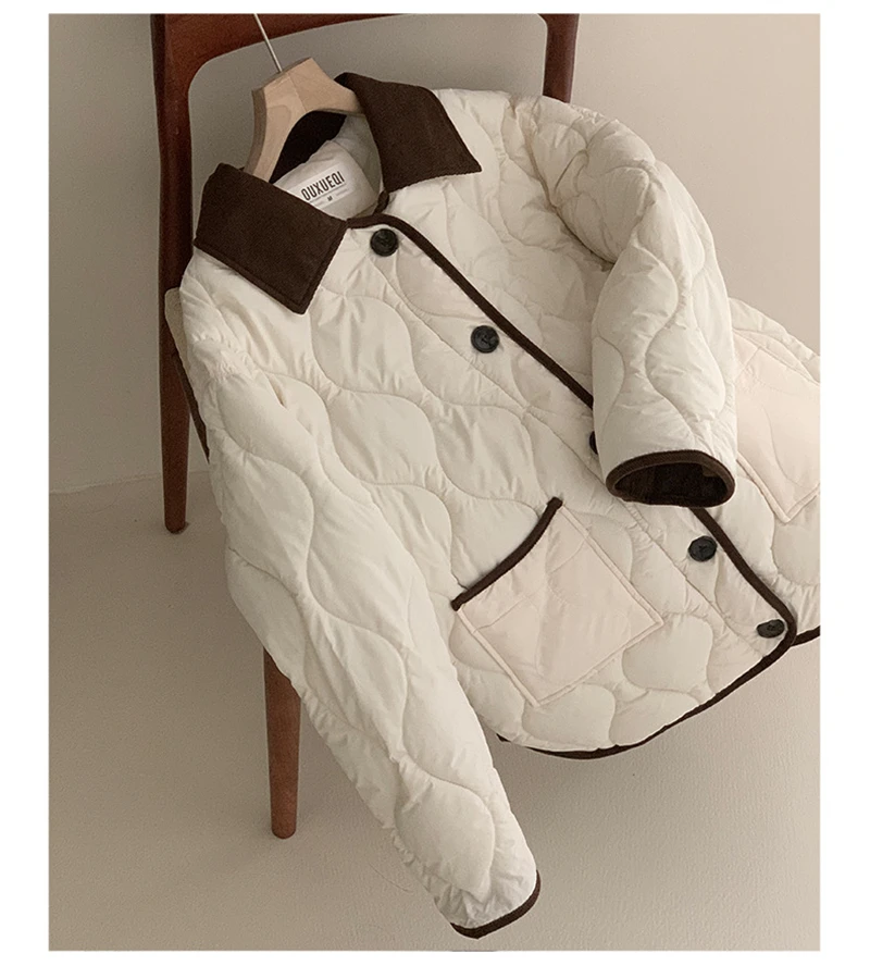 Autumn Down Cotton Padded Jacket Women's 2025 Contrast Lapel Rhombic Thin Short Loose Spring Cotton Padded Casual Coats Female