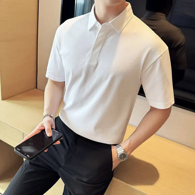 Summer Fashion Invisible Button Polo Shirts New Men's Ice Silk Solid Color Short Sleeved Business Casual T-shirt Tops 4XL-M