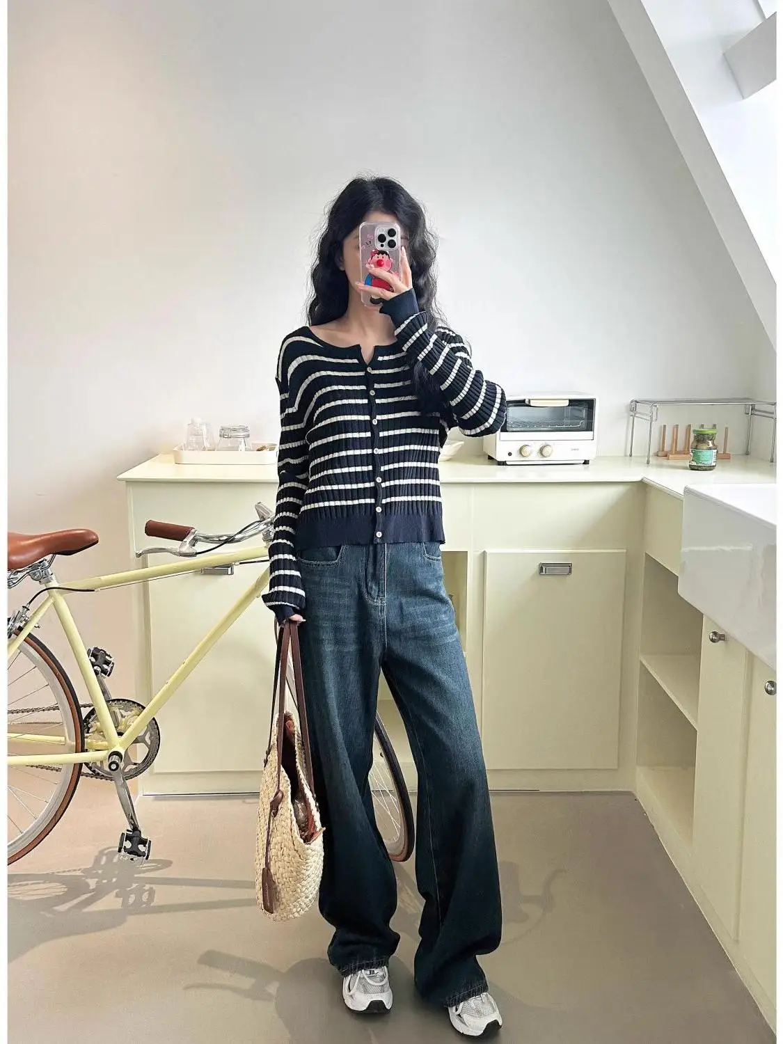 Kardigan Rajut Wanita Motif Garis Panjang Model Slim Fit, Atasan Rajut Panjang