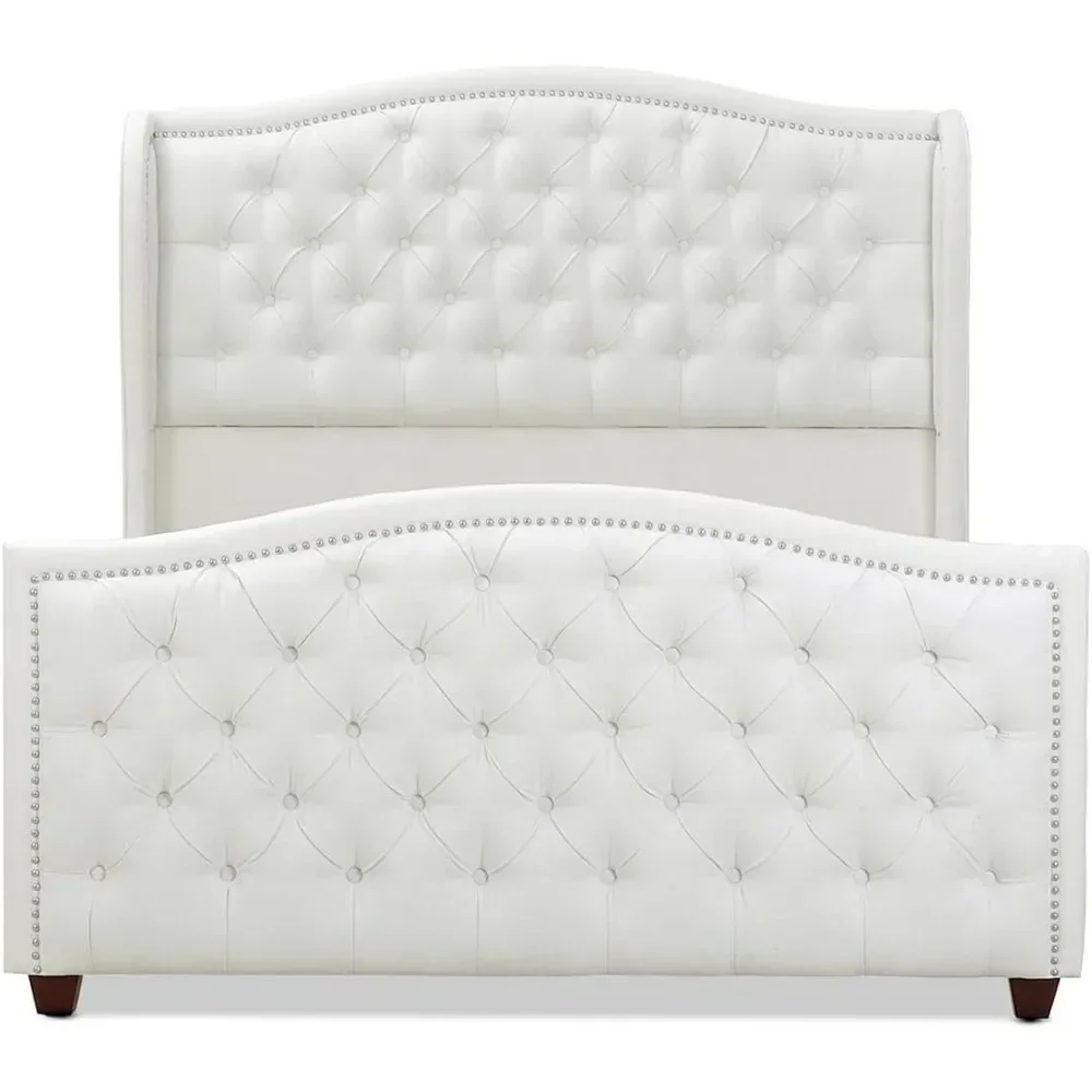 Marcella Collection Queen Wingback Tufted Hand-Applied Nail Heads Upholstered Bed bedroom furniture  lit 2 personnes