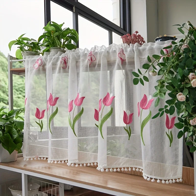 

Pink Tulip Embroidered Ball Short Curtain Living Room Kitchen Cabinet Decorative Partition Curtain