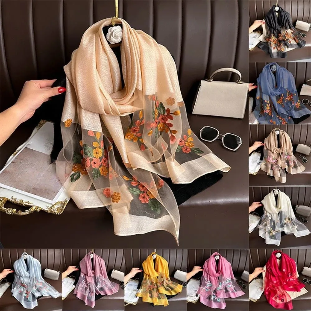 

Элегантный шелковый шарф с цветочной вышивкой, мягкий тонкий шелковый шарф с имитацией шелковой шаль, 180*70 см, однотонный пляжный тюрбан с защитой от ультрафиолета