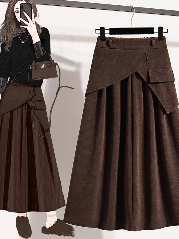 Chic Khaki Corduroy Suit Skirt for Women Mid-Length A-Line Silhouette High Waist Commute Style Korean Fashion plus Size