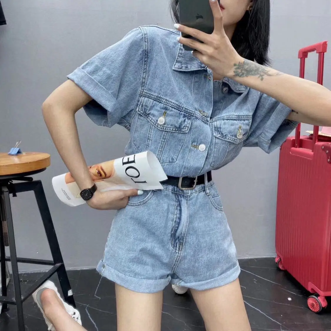 Cargo Overalls Women's 2022 Summer New High Waist Slim Wide Leg Invisible Open Crotch Convenient Denim One-Piece Shorts Jumpsuit