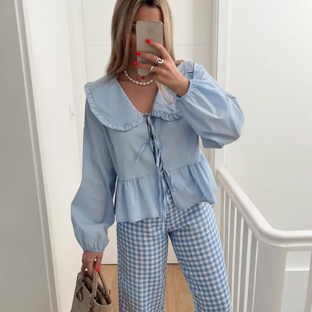 

Повседневная Блузка со шнуровкой, рубашка с пышными рукавами и кукольным воротником, Однотонный женский топ на шнуровке с оборками на подоле, Повседневная Уличная Женская плиссированная одежда