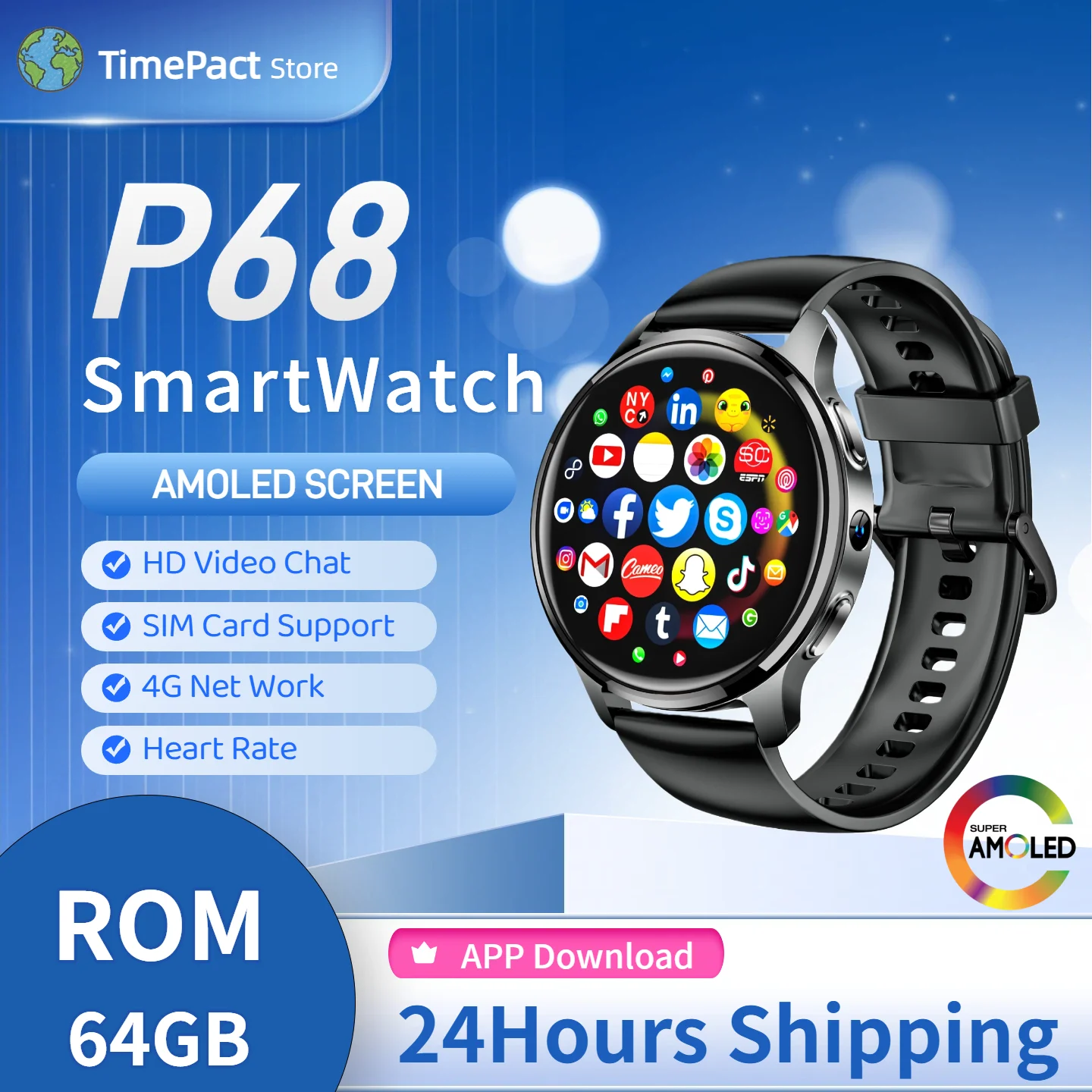 

P68 Smart Watch 64GB ROM AMOLED Screen Health Monitoring 4G Network SIM Card APP Download HD Camera Smartwatch