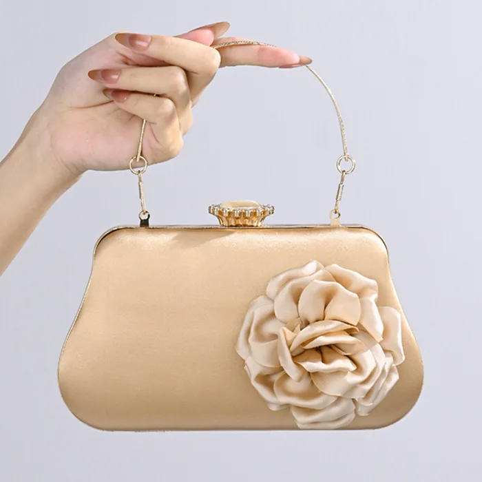 

Satin Exquisite Flower Evening Clutch Silky Luxurious Elegant Dainty Vibrant Ornate Glamorous Statement Formal For Dinner Party