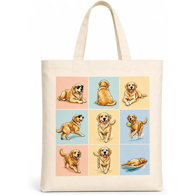 Kawaii Golden Retriever Grid Art Print Canvas Tote Bag Cute Dog Pattern Reusable Casual Shoulder Shopping Handbag For Dog Lovers