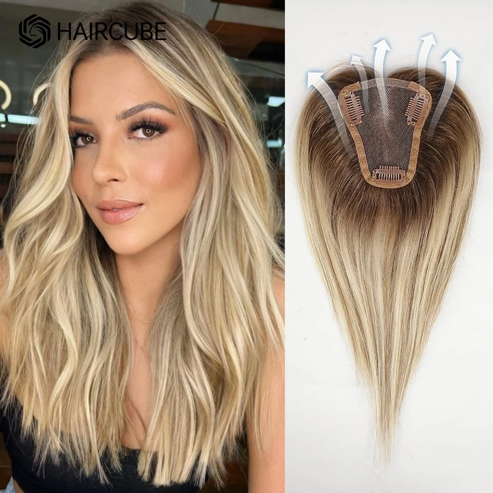 Toppers de cabelo parte média feminino cabelo humano topper com base de renda clipe em extensões de cabelo loiro balayage marrom peças de cabelo humano