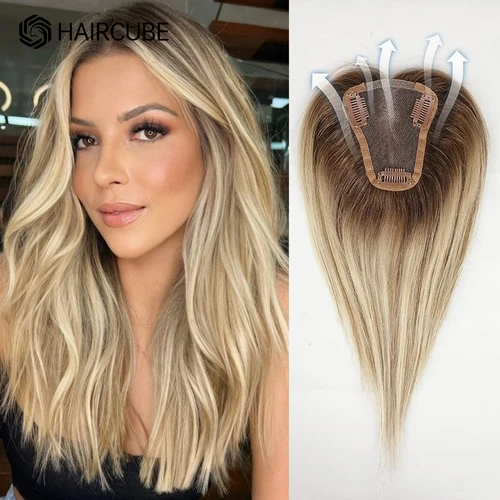 Adornos para el cabello Parte media para mujer, adorno de cabello humano con Base de encaje, extensiones de cabello con Clip, postizos humanos marrones Balayage rubios