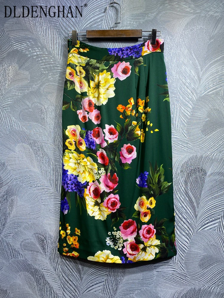 

DLDENGHAN Spring Summer Silk Slim Skirt Women High Waiste Floral Print Vintage Party Split Pencil Skirt Fashion Designer New