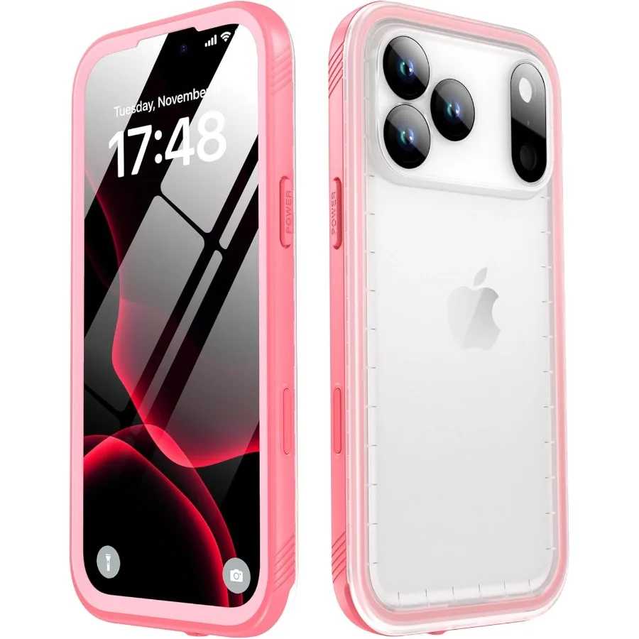 Custodia impermeabile per iPhone 17 Pro Max con protezione schermo integrata per 6,9 pollici Design trasparente satinato rosa Corpo intero antipolvere