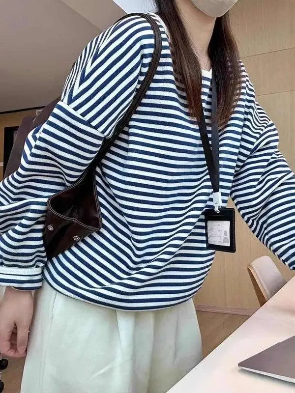 Korean Blue And White Striped Women's Chic Sweatshirt Waist-Cinching Design Winter Fashion Classic  Color Crew Neck Top