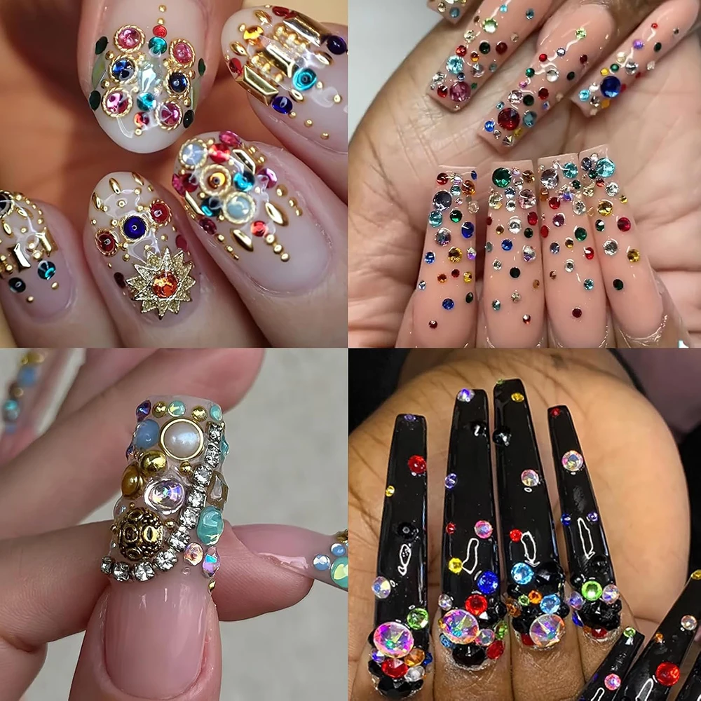 12 Colors Mixed Nail Crystal Gems for Manicure DIY Decorations 3D DIY Jewel Craft with Pearls Rhinestones Vintage Nail Art Charm